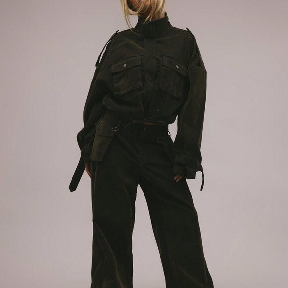 Army Green Casual Women's Velvet Denim Drawstring Cargo Jacket - Picture 2 of 9